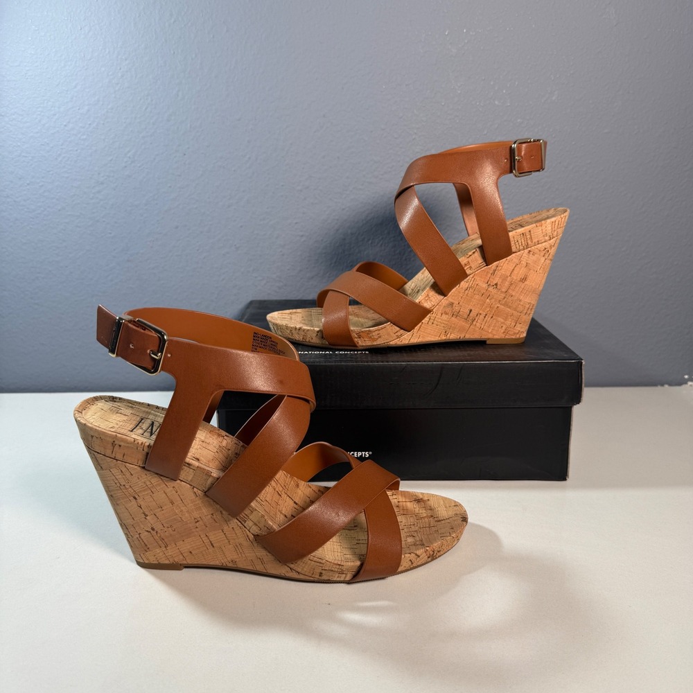 INC Landor Wedge Sandals Womens 11 Brown‎ Strappy Cork Heel